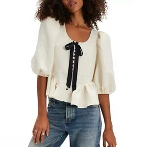 NWT Free People Pamela Embroidered Bow Trim Top XL Boho White Peasant Blouse